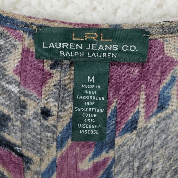 LRL Lauren Ralph Lauren Top Blouse Womens M Blue Purple Abstract 3/4 Sleeve - Picture 6 of 12